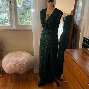 Mac Duggal emerald green formal beaded gown.